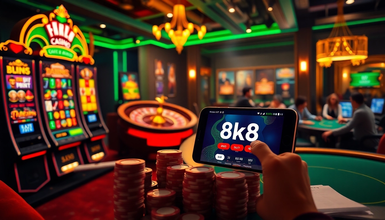 Engage with excitement at 8k8 online casino, featuring vibrant slot machines and a roulette wheel.